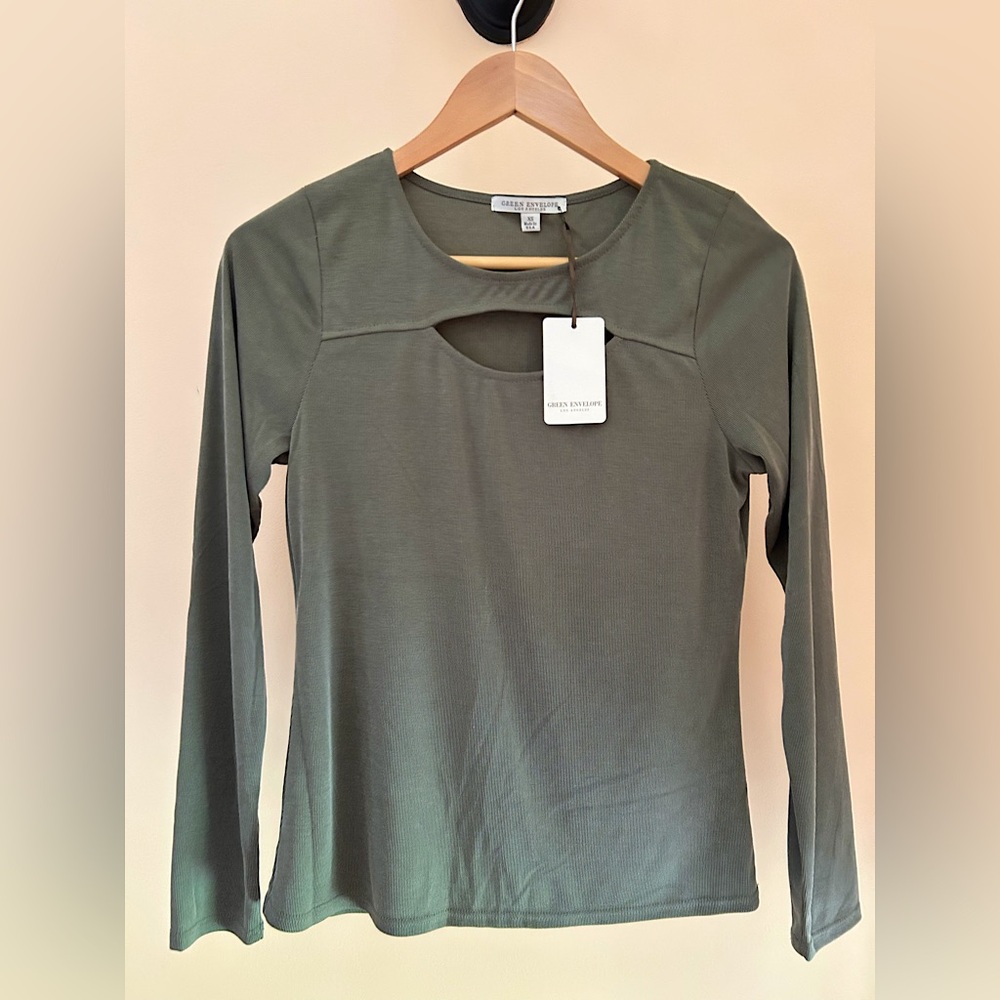 Dark Sage Long Sleeve Cutout Top | NWT | Women Size XS | Spring Shirt